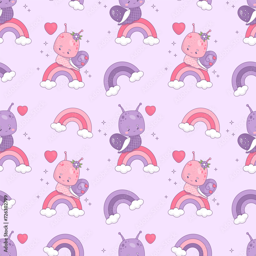 Fototapeta premium Seamless pattern with enamored snail girl and boy on rainbow. Funny kawaii insect on purple background. Vector illustration in trendy retro style. romantic valentine backdrop.