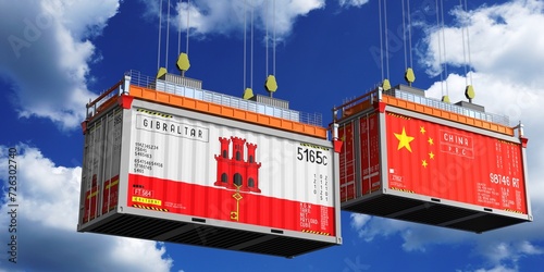 Shipping containers with flags of Gibraltar and China - 3D illustration