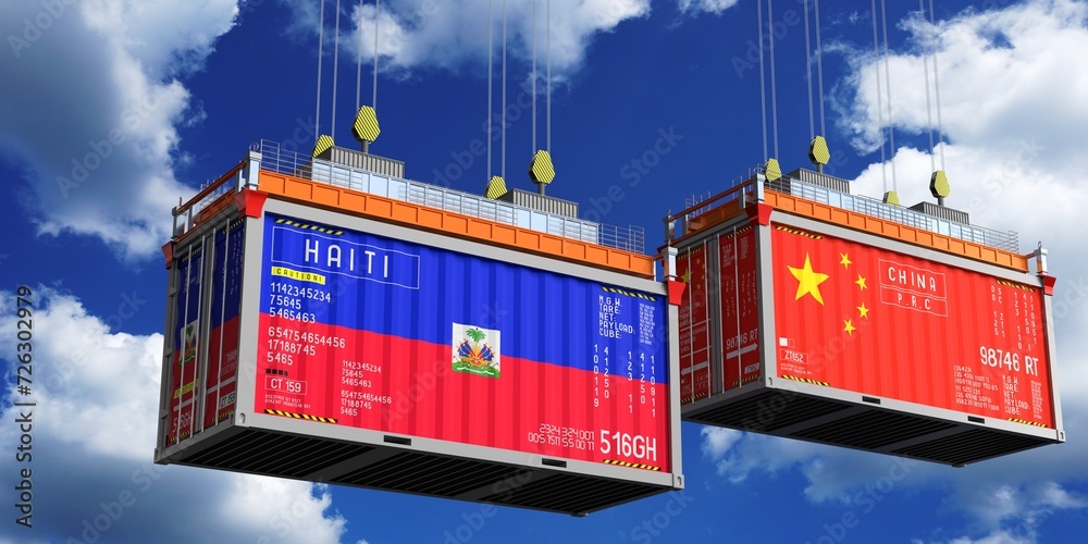 Shipping containers with flags of Haiti and China - 3D illustration
