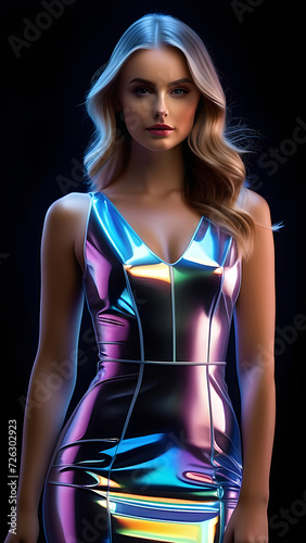 A girl in a dress made of halographic neon fabric. Girl from the future. photo