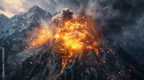 exploding mountain with free space in the center for any object or background