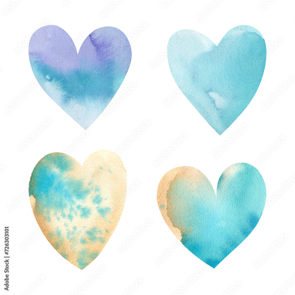 Watercolor hearts of different colors in a set on a white background. The illustration is hand-drawn. The holiday is Valentine's Day. Postcard, template, clipart, stickers.