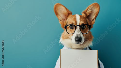 Welsh Corgi dog dressed as a vet doctor with glasses, holding a blank sign mock-up on blue background with copy space for text, template for veterinary clinic message or pet health and care advice photo
