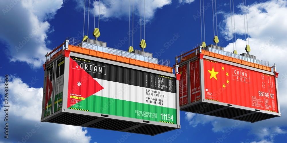 Shipping containers with flags of Jordan and China - 3D illustration Shipping containers with flags of Jordan and China - 3D illustration