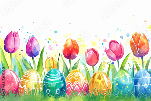 Easter basket with eggs and bunny decorated with flowers. Happy easter