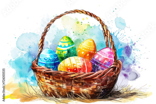 Easter basket with eggs and bunny decorated with flowers. Happy easter