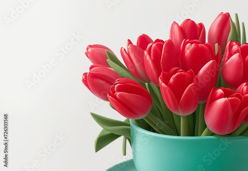 Bunch of spring tulips with red ribbon over gra