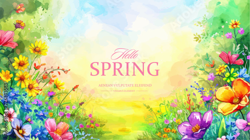 Vector watercolor banner with beautiful flowers framed for spring celebration	