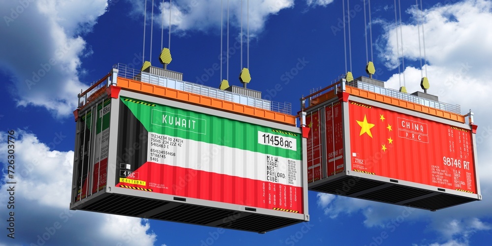 Shipping containers with flags of Kuwait and China - 3D illustration