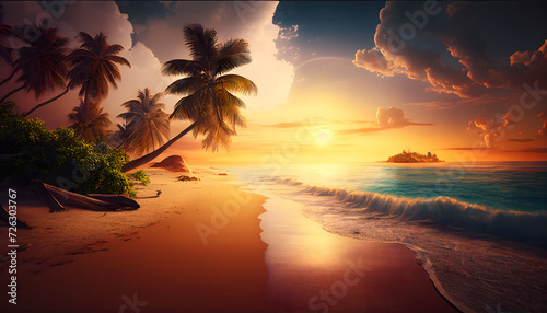 beautiful Landscape of paradise tropical island beach  sunrise shot. Generative AI.