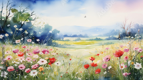 a painting of meadow and flowers in spring watercolor style © Yuwarin