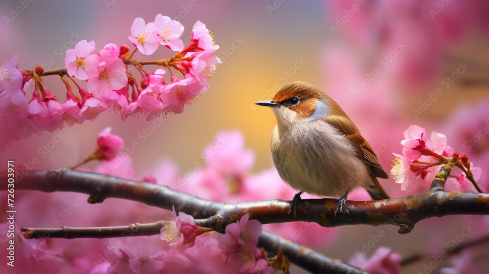 beautiful small bird sit in the garden surrounded by pink blossoms