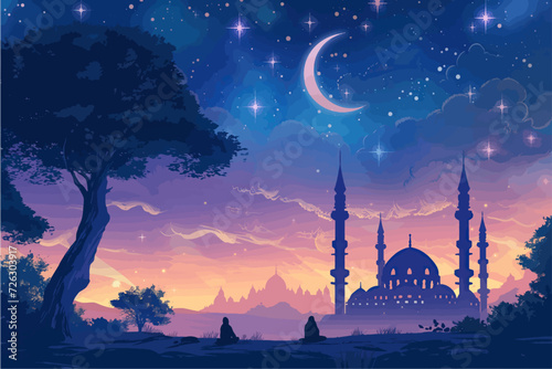 Ramadan Kareem greeting card with mosque. Vector illustration.