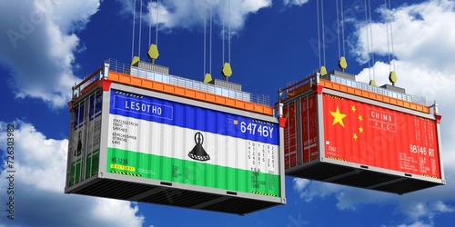 Shipping containers with flags of Lesotho and China - 3D illustration