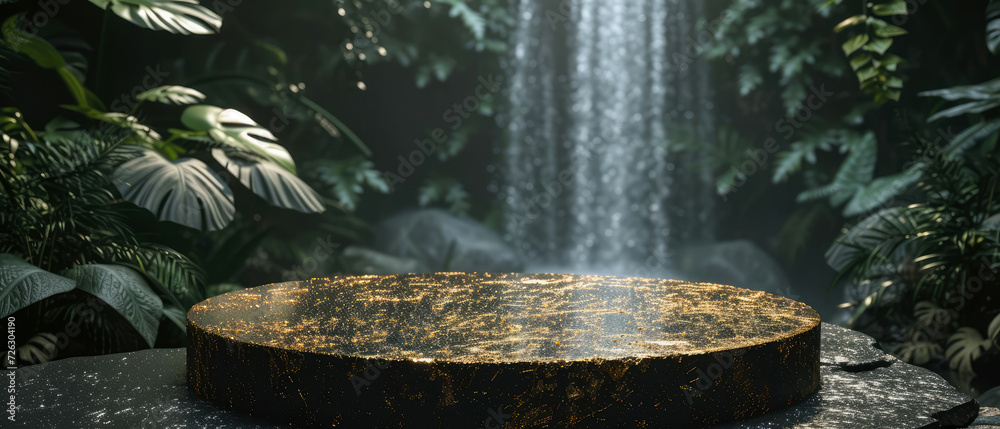 Stone platform, podium with gold, steam, waterfall on dark jungle tropical leaves background. Mock up,  display for product presentation. Lights, shadows effect. Generative AI