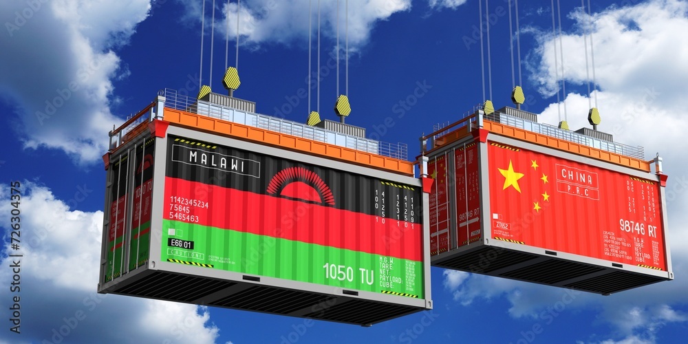 Shipping containers with flags of Malawi and China - 3D illustration
