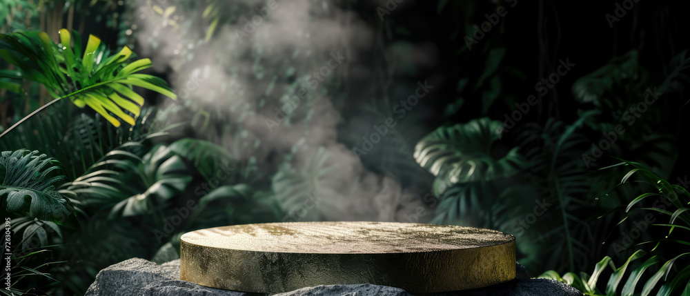 Stone platform, podium with gold, steam or smoke, on dark jungle tropical leaves background. Layout, display for product presentation. Lights, shadows effect. Generative AI Stone platform, podium with gold, steam or smoke, on dark jungle tropical leaves background. Layout, display for product presentation. Lights, shadows effect. Generative AI