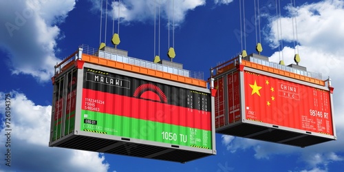 Shipping containers with flags of Malawi and China - 3D illustration