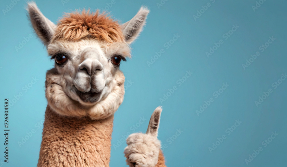 Funny alpaca llama, smiling, showing approving thumbs up to appreciate good work or product. Wide banner with copy space side