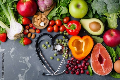 fruits and vegetables with heart shaped stethoscope  food as medicine  functional medicine