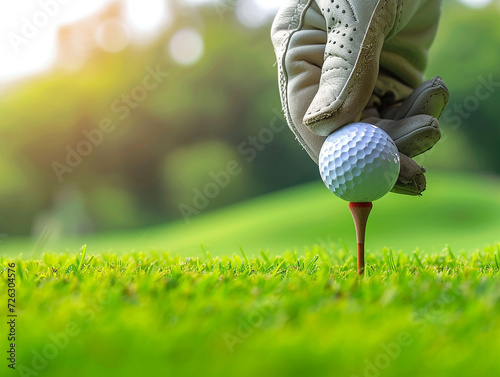Hand in golf glove putting golf ball on tee in golf course for healthy sport. photo