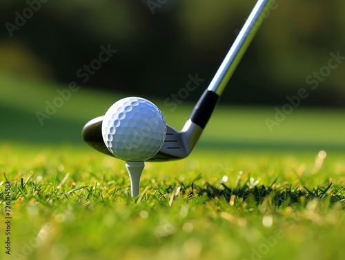 Golf ball on tee with golf club on golf course