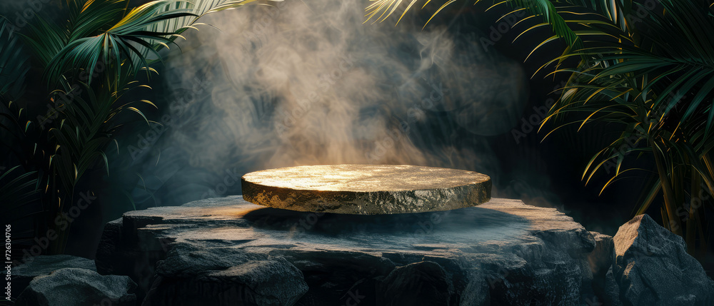 Stone platform, podium with gold, steam or smoke, on dark jungle tropical leaves background. Layout, display for product presentation. Lights, shadows effect. Generative AI Stone platform, podium with gold, steam or smoke, on dark jungle tropical leaves background. Layout, display for product presentation. Lights, shadows effect. Generative AI