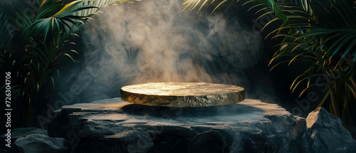 Stone platform, podium with gold, steam or smoke, on dark jungle tropical leaves background. Layout, display for product presentation. Lights, shadows effect. Generative AI