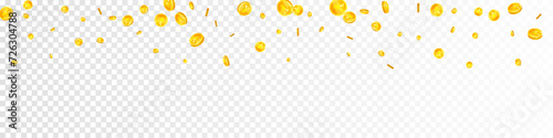 Chinese yuan coins falling. Scattered gold CNY