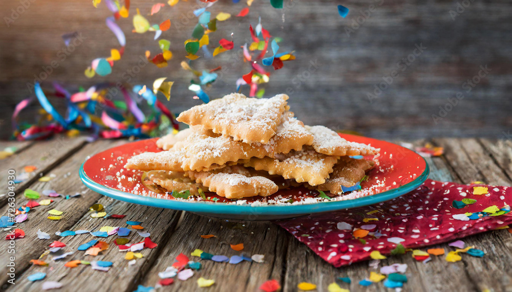 Traditional fried Italian dessert for Carnival season called 'Galani', ' Chiacchiere' or 'Crostoli' on a colorful plate on wooden table with Carnival paper decorations