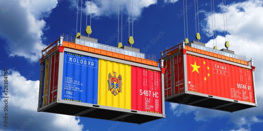 Shipping containers with flags of Moldova and China - 3D illustration