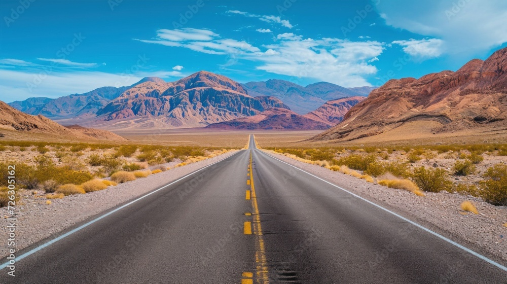 State Route 190 crossing Panamint Valley in Death Valley National Park, California, United States. Empty desert road in Death Valley