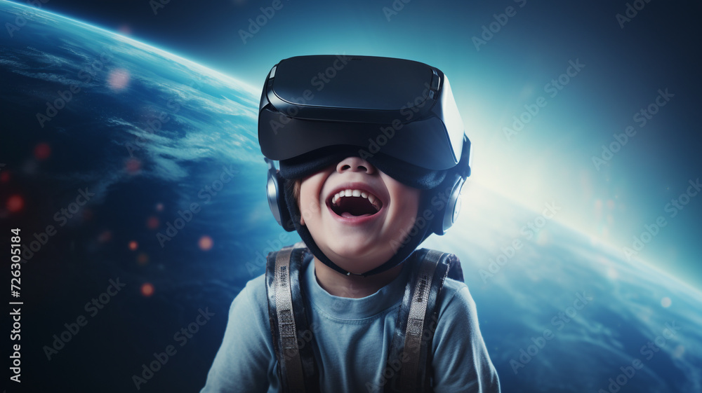 Excited child wearing VR headset with a smile Excited child wearing VR headset with a smile