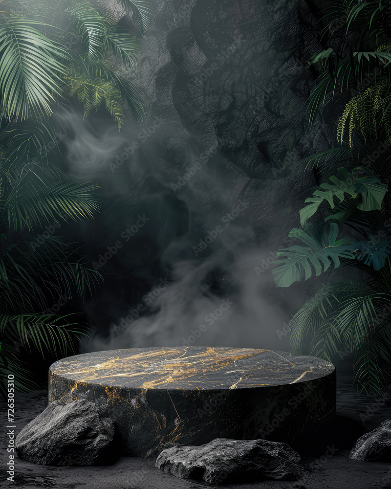 Stone platform, podium with gold, steam or smoke, on dark jungle tropical leaves background. Layout, display for product presentation. Lights effect. Vertical wallpaper for social media. Generative ai Stone platform, podium with gold, steam or smoke, on dark jungle tropical leaves background. Layout, display for product presentation. Lights effect. Vertical wallpaper for social media. Generative ai