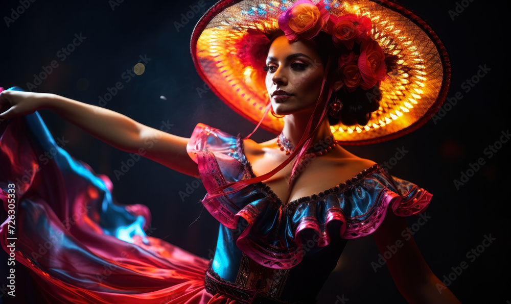 Fototapeta premium Elegant female dancer in vibrant traditional Mexican dress and sombrero with dynamic neon light trails, embodying the spirited culture of Mexico