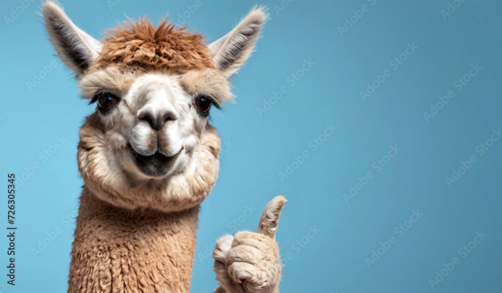 Funny alpaca llama, smiling, showing approving thumbs up to appreciate good work or product. Wide banner with copy space side