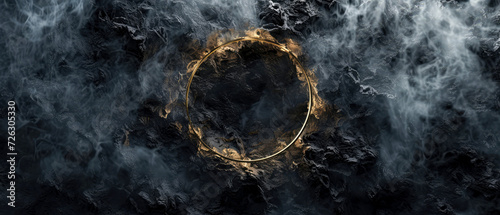 Fire circle with smoke on black background. Glowing ring. Round sparkling frame mockup. Generative ai