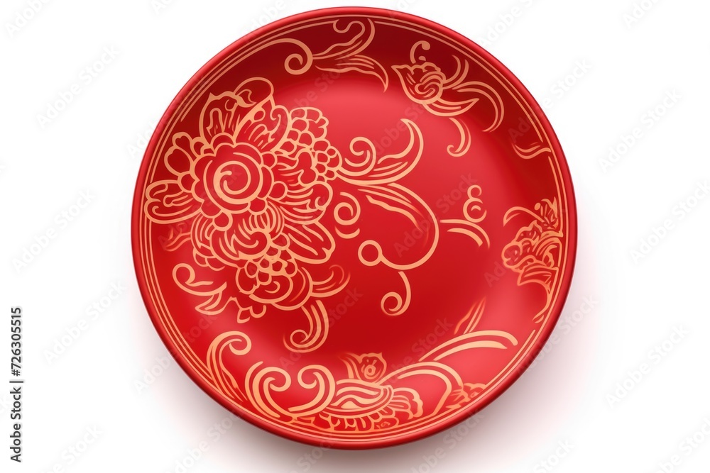 Red plate, Chinese new year mockup on white background, top view Red plate, Chinese new year mockup on white background, top view