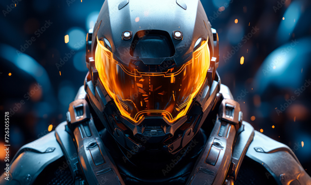Futuristic Sci Fi Soldier with Glowing Orange Visor and Advanced Armor Standing in a Cybernetic Environment with Light Effects