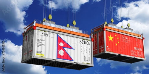 Shipping containers with flags of Nepal and China - 3D illustration