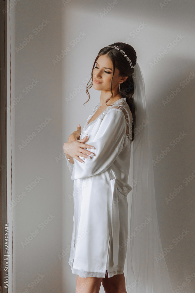 Beautiful bride in a dressing gown in the morning before the wedding ceremony. Incredible hairstyle of the bride. Natural and modern makeup. Portrait of a young bride in a dressing gown.