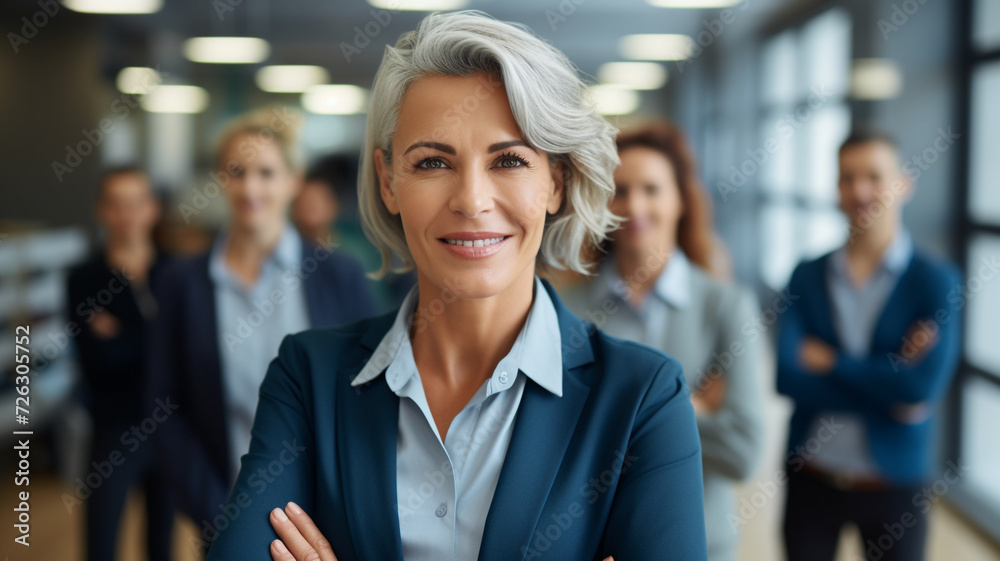 woman business leader standing in front of her team woman business leader standing in front of her team