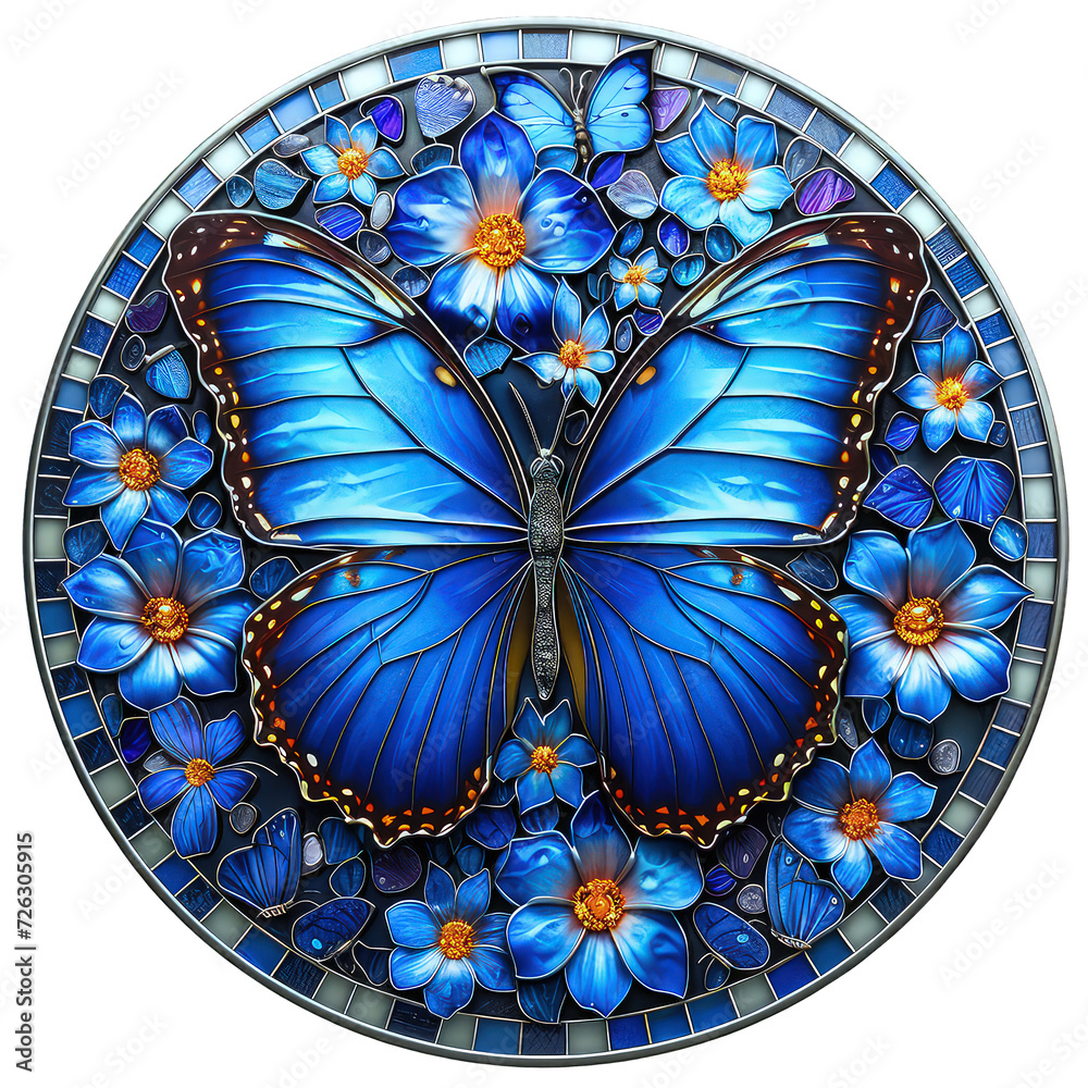 Faux Stained Glass Blue Butterfly Round Wreath Door Hanging Sign