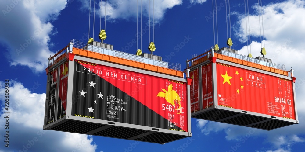 Shipping containers with flags of Papua New Guinea and China - 3D illustration