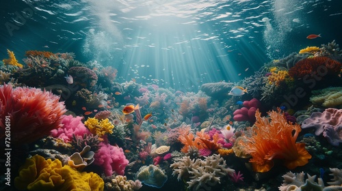 Underwater tableau of colorful coral reefs and diverse marine life, promoting awareness of preserving our oceans
