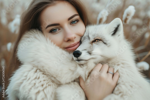 Beautiful woman looking at the camera with blue eyes and a white fox share a close embrace amidst a blurred natural backdrop, evoking intimacy. love for wildlife, animal protection. © Silga