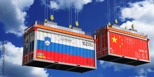 Shipping containers with flags of Slovenia and China - 3D illustration