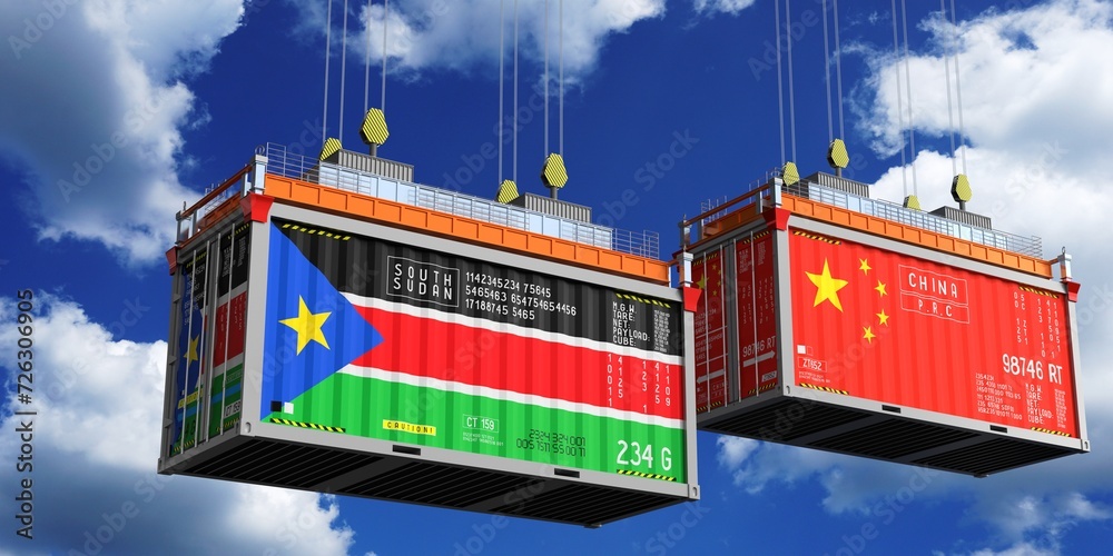 Shipping containers with flags of South Sudan and China - 3D illustration