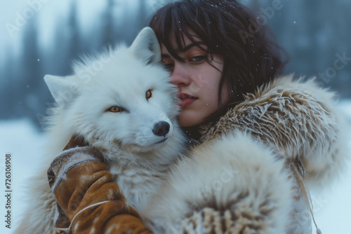 Clad in a fur-lined coat, a woman holds a white fox closely, looking at the camera, against a wintry landscape. This image speaks to themes of connection with nature and compassion.