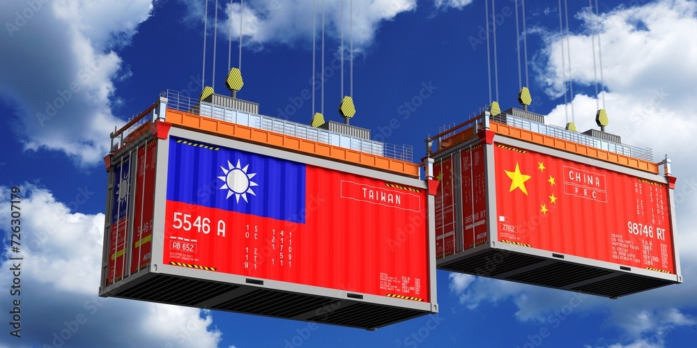 Shipping containers with flags of Taiwan and China - 3D illustration